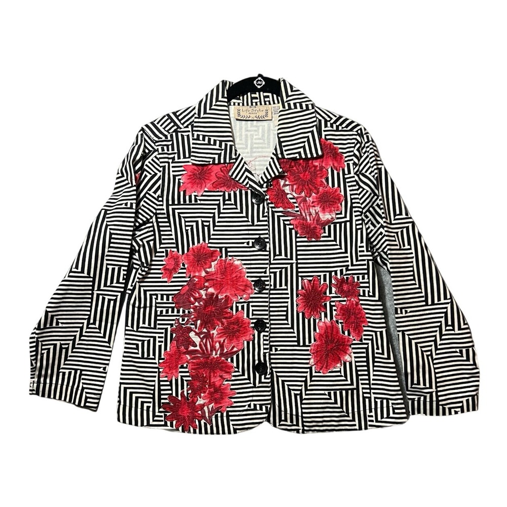 Life Style Petite Cotton Jacket Black White Geometric Red Floral Embroidery PM